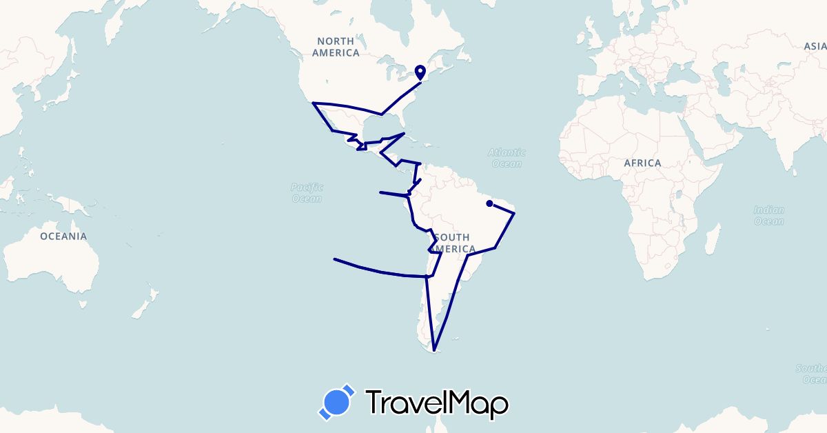 TravelMap itinerary: driving in Argentina, Bolivia, Brazil, Chile, Colombia, Costa Rica, Cuba, Ecuador, Guatemala, Mexico, Peru, United States (North America, South America)
